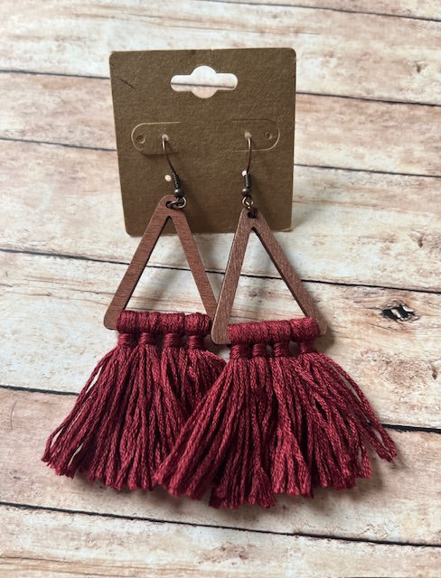 Macrame Triangle Wood Earrings (Wine)