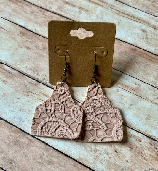 Peach Lace Cow Tag Earrings