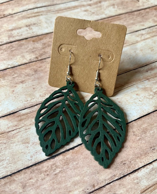 Green Leaf Wood Earrings