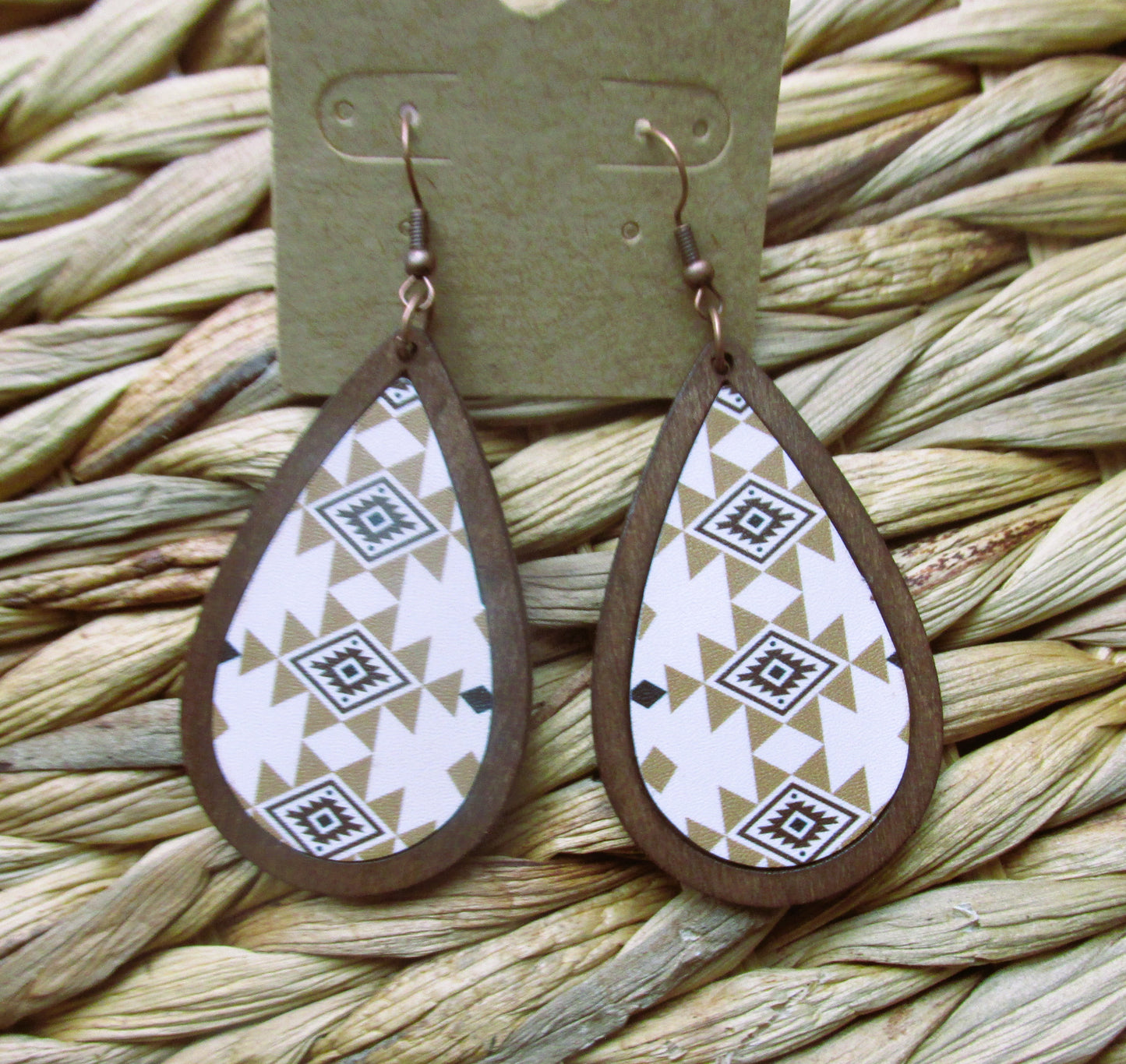 White/Tan Aztec Teardrop Earrings