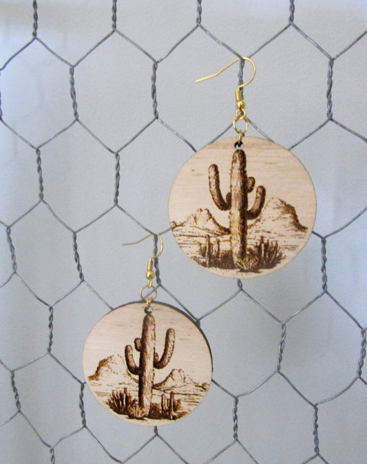 Round Cactus Engraved Earrings