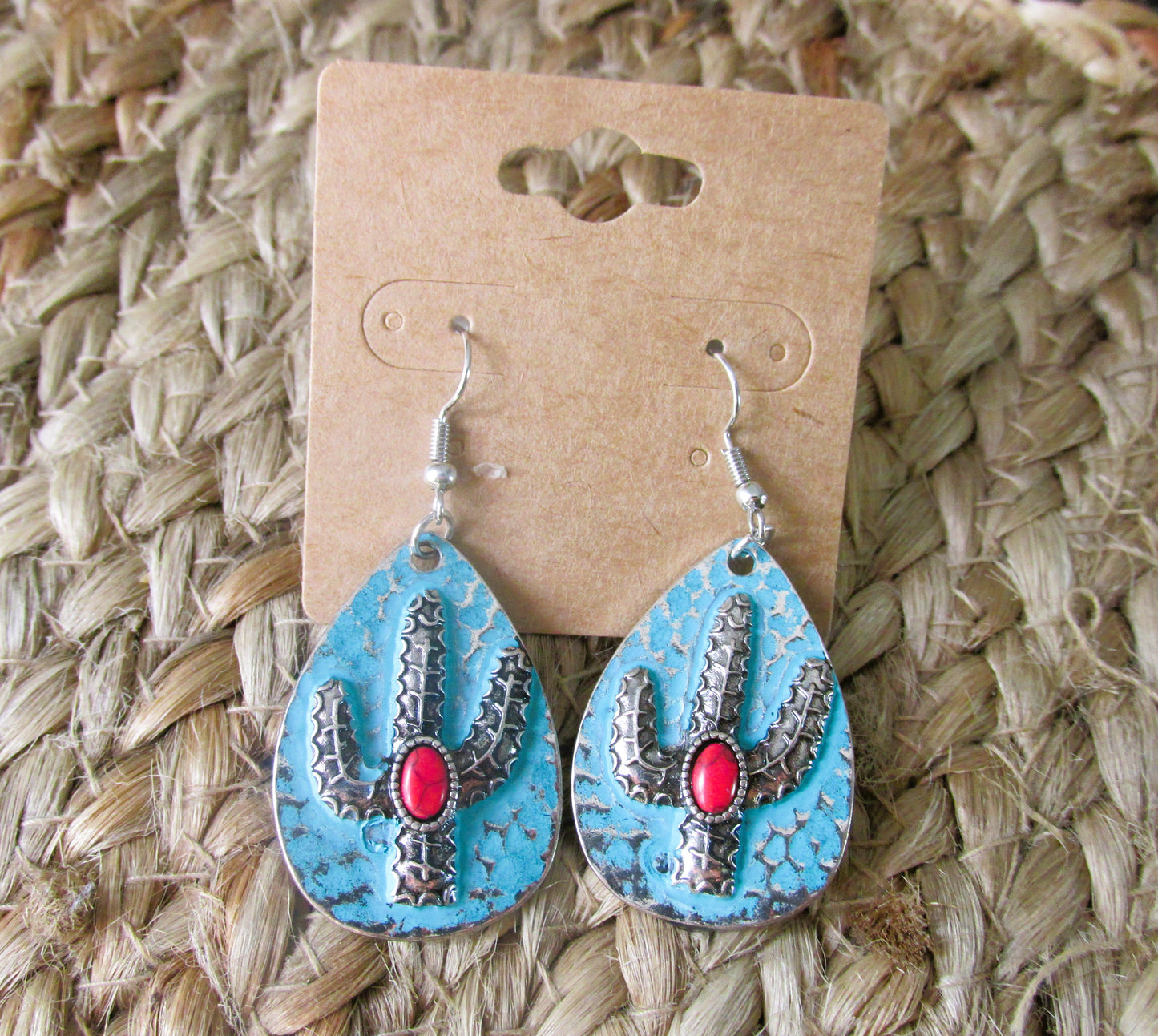 Turquoise Metal Cactus Earrings