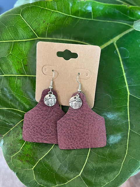 Maroon Cow Tag Earrings (w/charm)