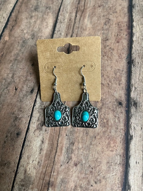 Turquoise Metal Cow Tag Earrings